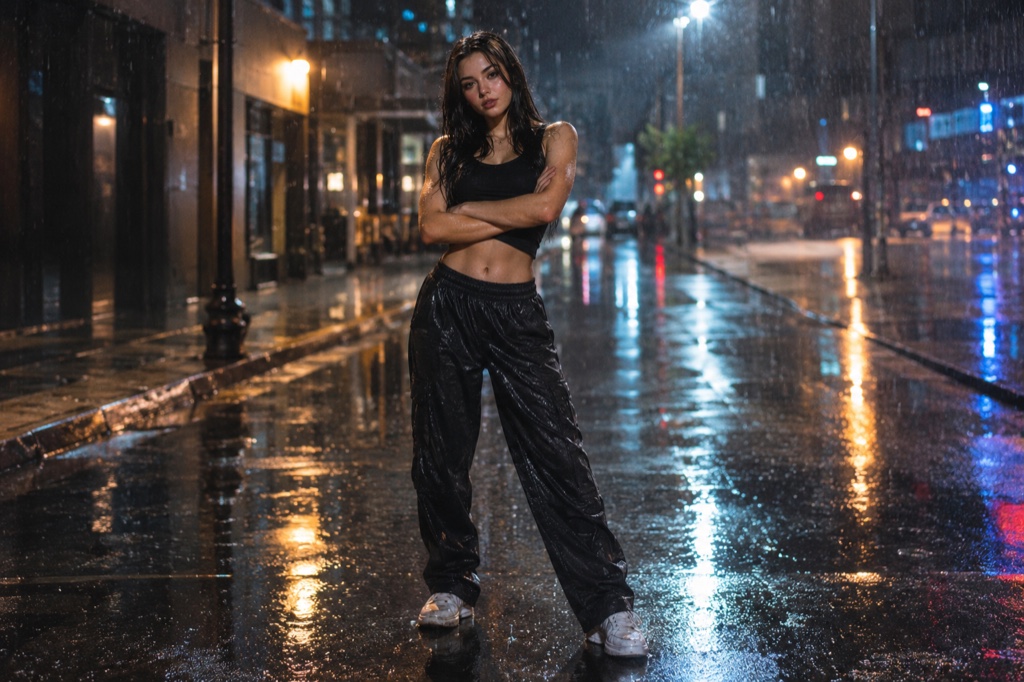 A described character in a cropped red jacket mid finger-gun point in a neon-lit corridor, rendered as a 9:16 dance clip